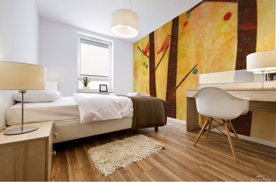 Birds in an autumn forest paper collage Mural print