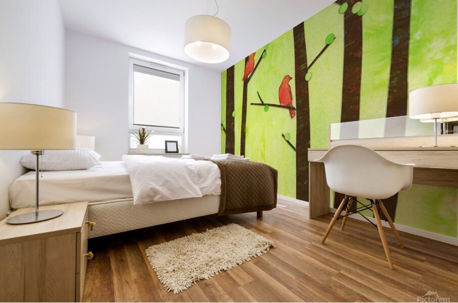 Birds in a spring forest paper collage Mural print