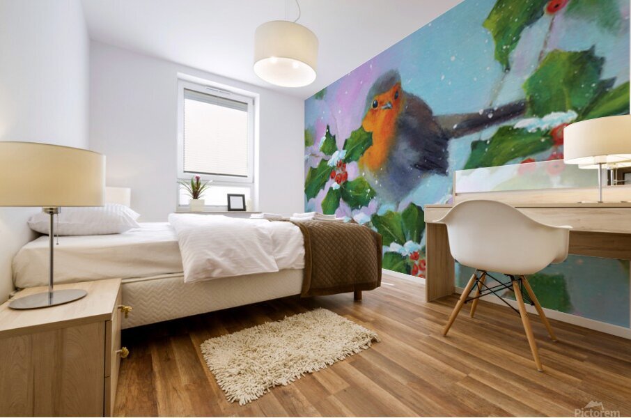 Robin with holly and winterberries vertical Mural print