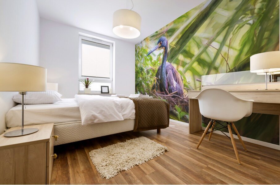 Tri-colored Heron Nesting in Dense Foliage Mural print