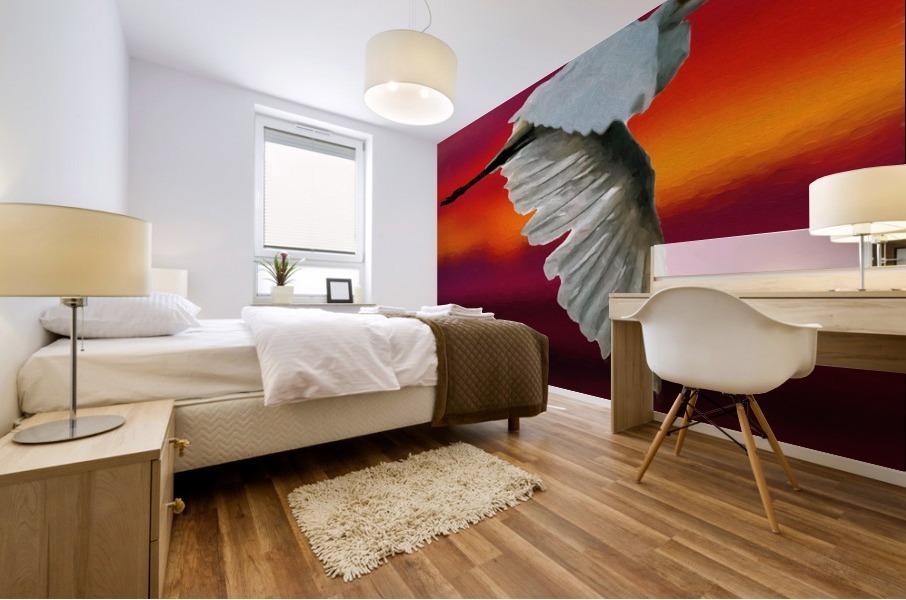Egret in sunset Mural print