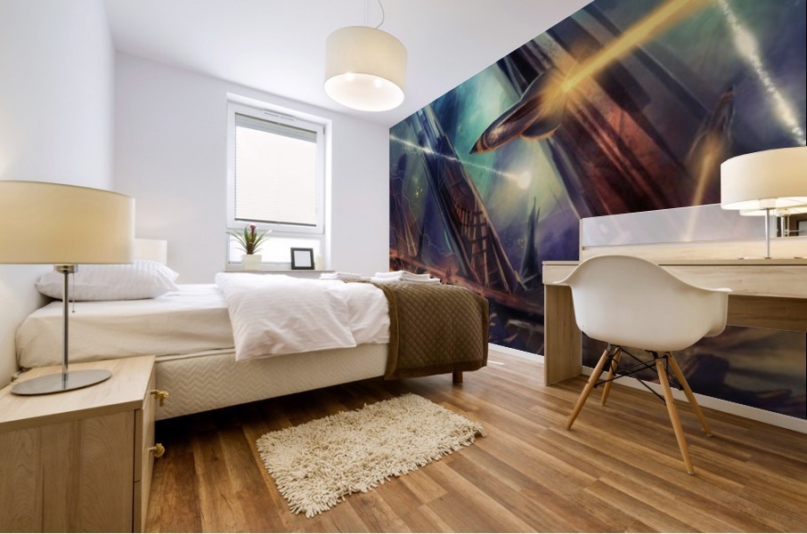Rocketship over alien world Mural print