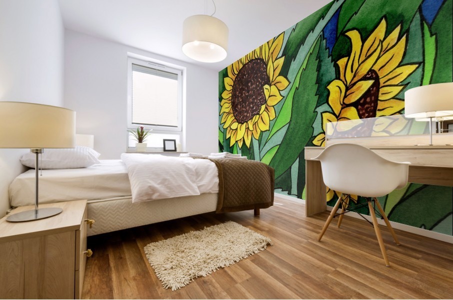 Garden Of Sunflowers Watercolor Painting Batik Style  Mural print