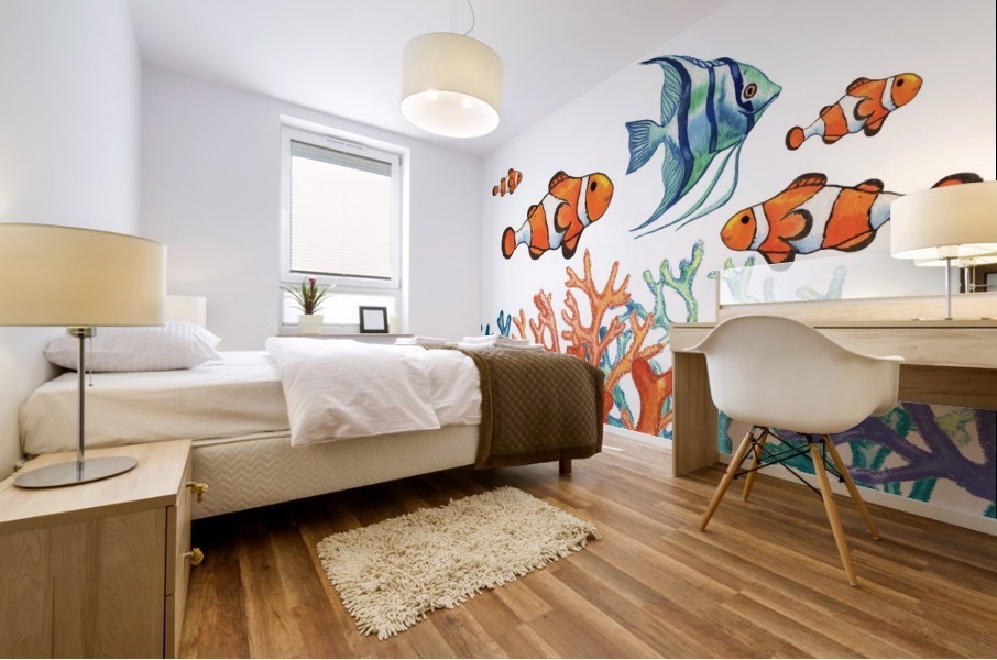 Angel Fish and Clown Fish In Coral Reef Watercolor  Mural print