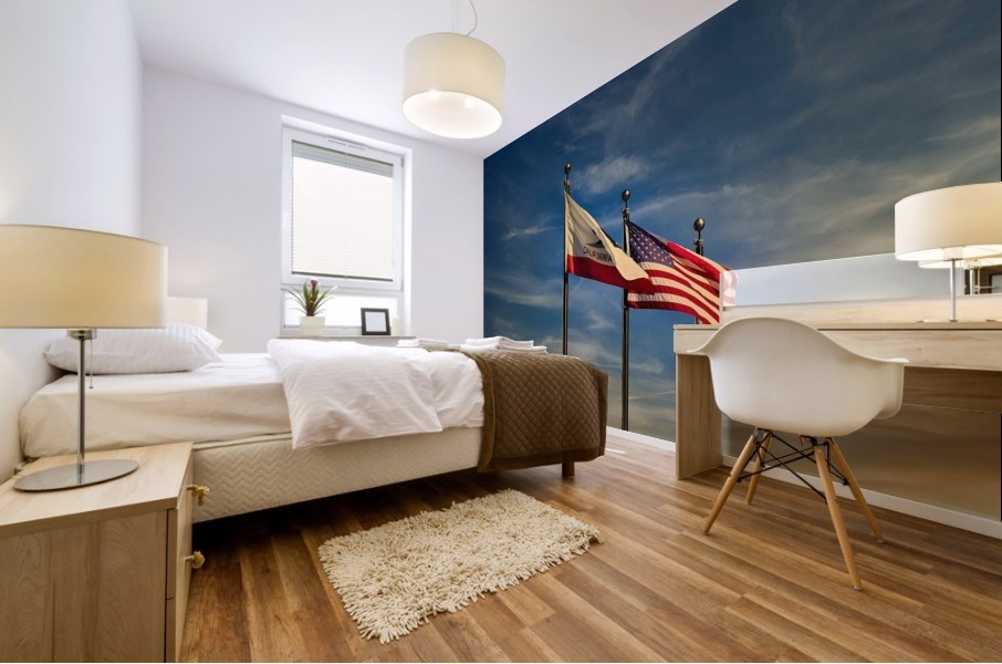 California and American Flags at Sunset Mural print