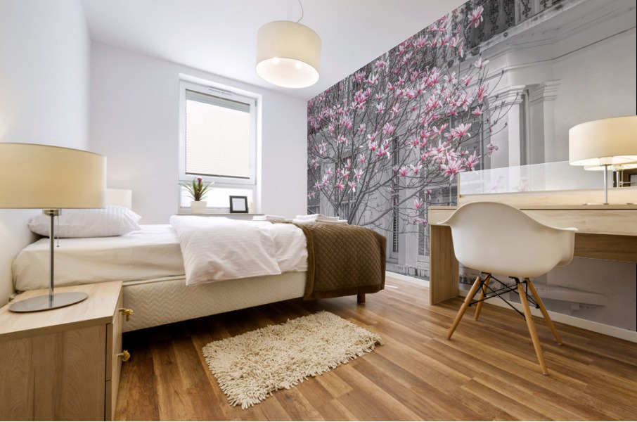 Magnolia tree outside house in London Mural print