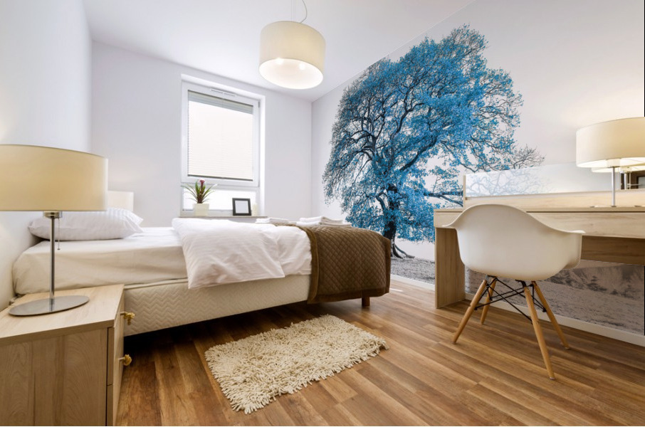 Tree on a hill, blue Mural print