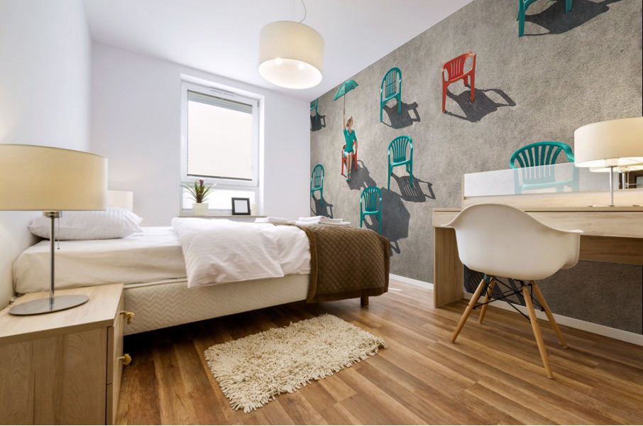 Young blonde woman holding up a turquoise umbrella on a beach sitting through many red and teal chairs in the sand on a sunny day Mural print