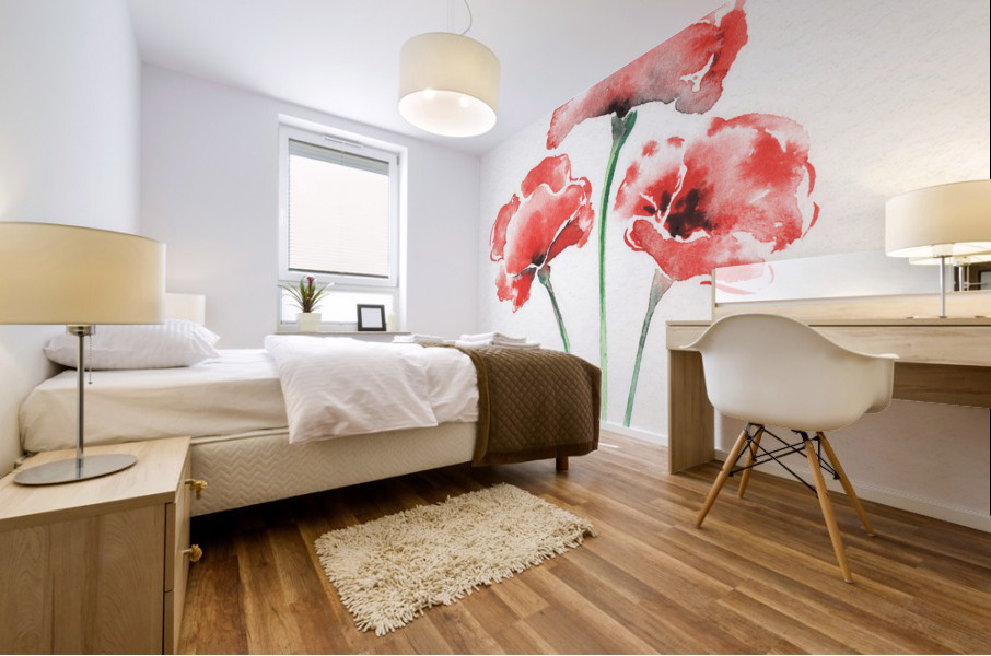 Graceful Beauty Botanical Watercolor Three Red Poppies Flowers II Mural print