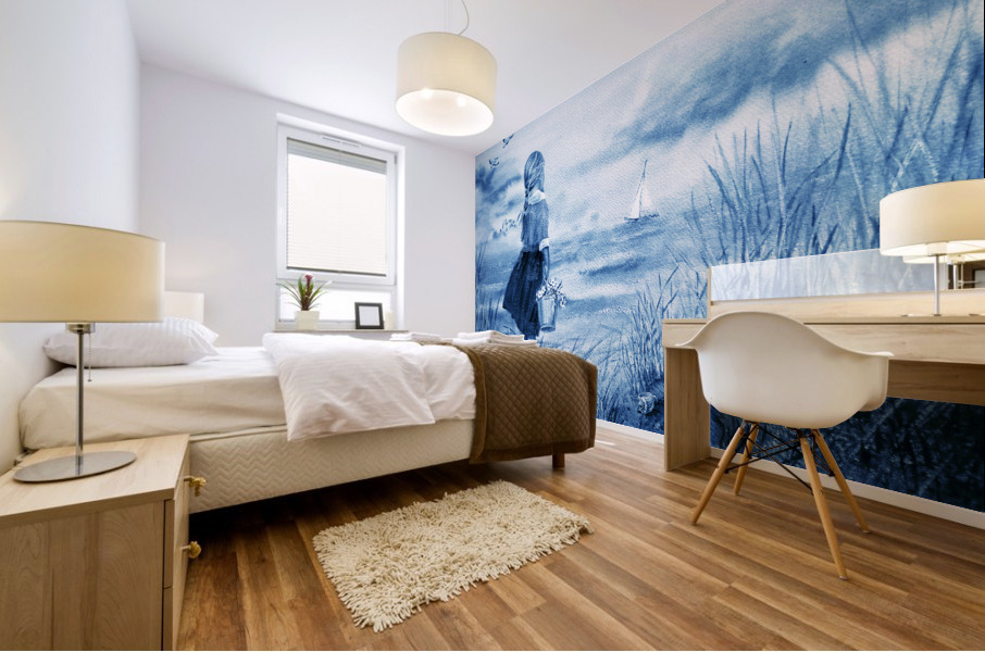 Girl And The Ocean Beach Painting In Ultramarine Blue  Mural print