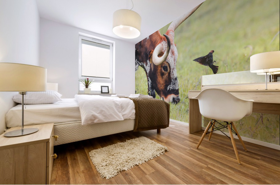 Longhorn and birds Mural print
