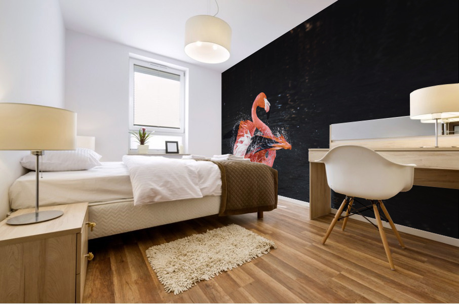 Vibrant Pink Flamingo Splashes In Water Mural print