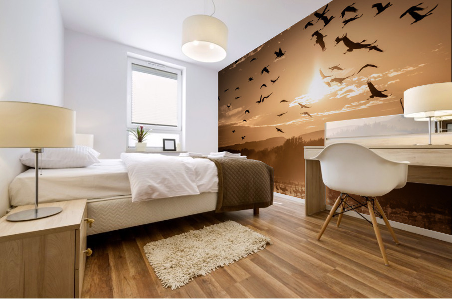 Cranes Flying At Sunset Mural print