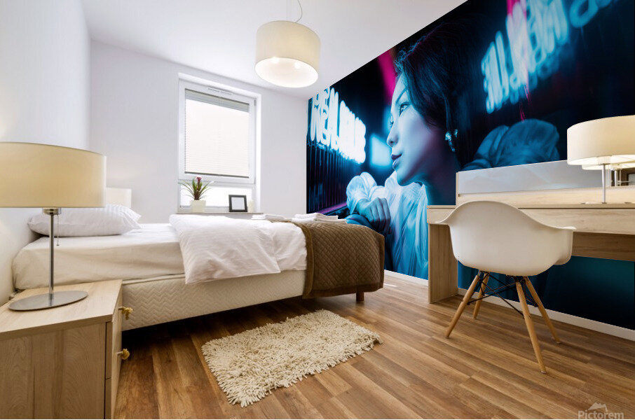 Young Chinese woman portrait with neon lights Mural print