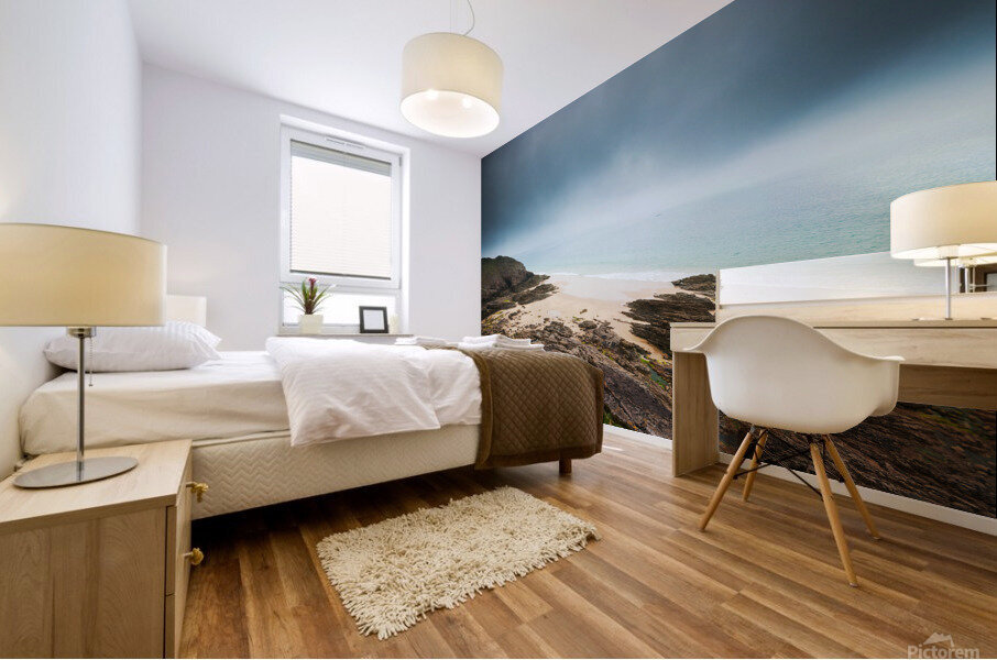 Beach with rocks and cloudy dark sky Mural print