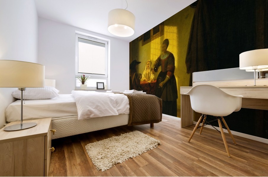 A couple playing cards, with a serving woman Mural print