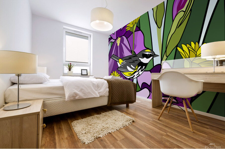 Warbler Among Purple Iris Flower Mural print