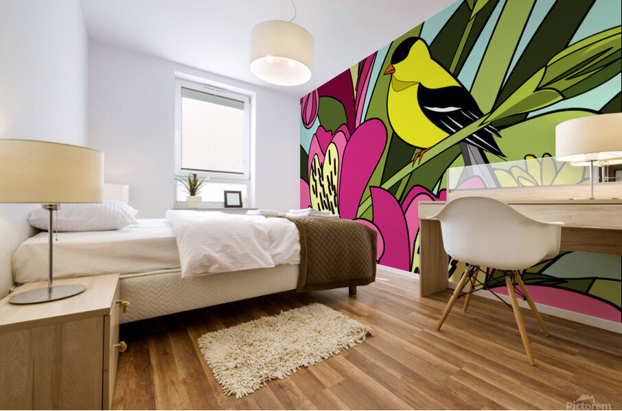 American Goldfinch and Alstroemeria Flowers Mural print