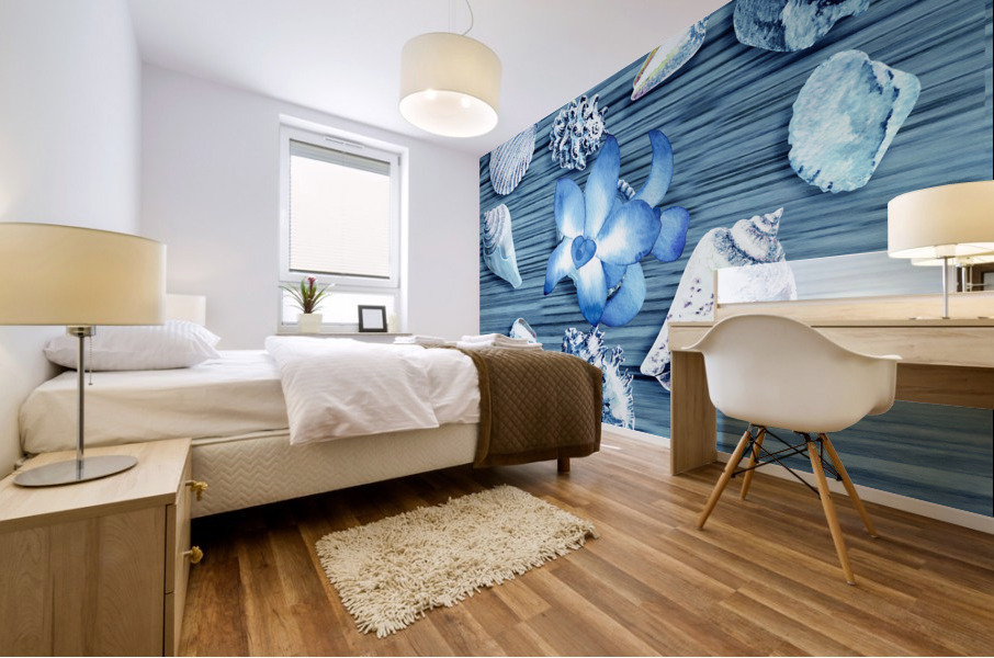 Seashells Heart With Blue Orchid Flower Beach Mural print