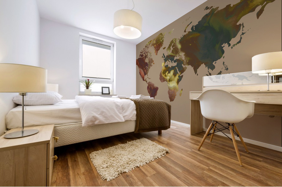 Green Brown Beige Colorful World Map Silhouet Mural print