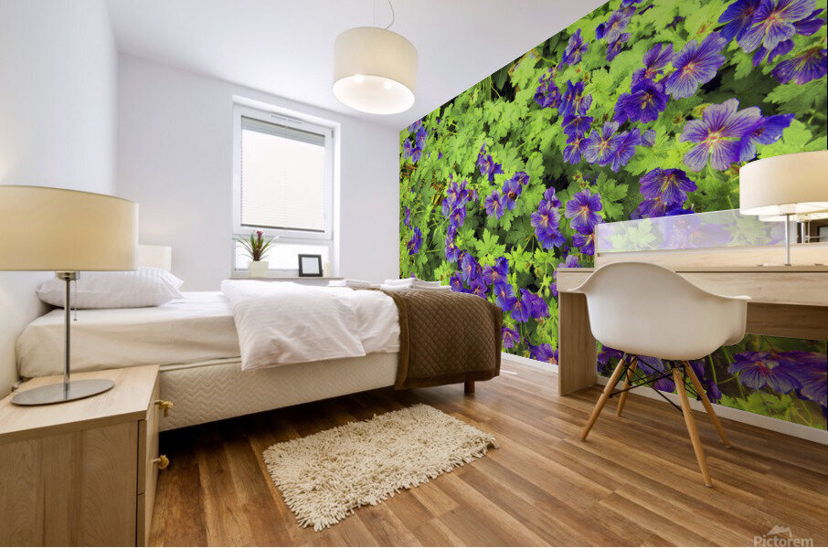 Purple flowers in greenery Mural print
