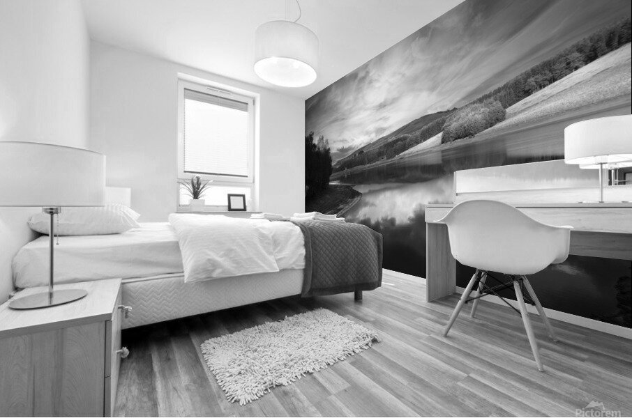 Clouds hang over a lake - Derbyshire - England Mural print