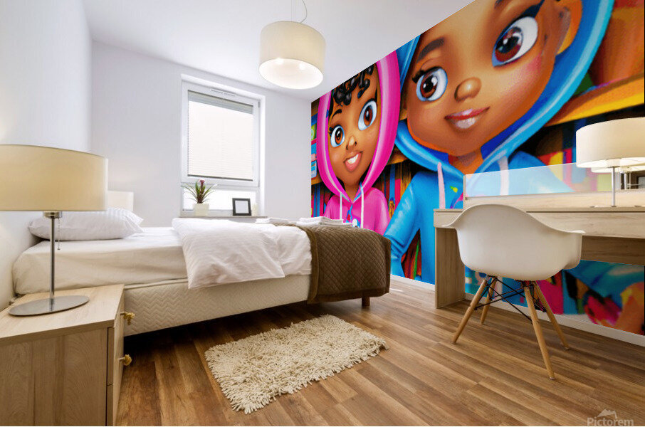 Happy African American Boy And Girl Cartoon R Mural print