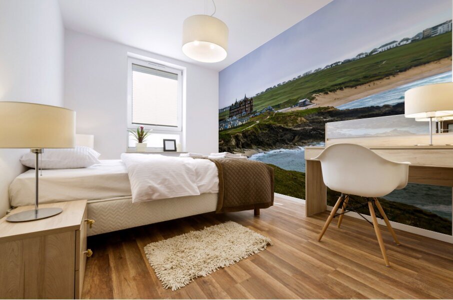 Tranquil Majesty: The Headland Hotel and Fistral Beach on a Rainy Morning Mural print