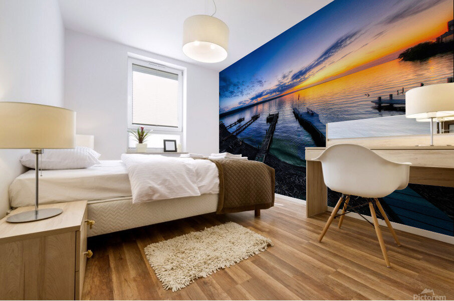 Docks on Cayuga Lake at sunset Mural print