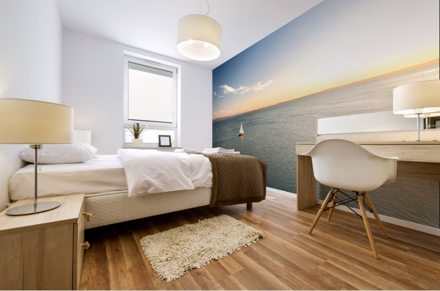 Lonely sailing boat on Lake Constance Mural print