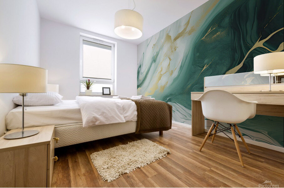 Green White Gold Swirled Marble Mural print