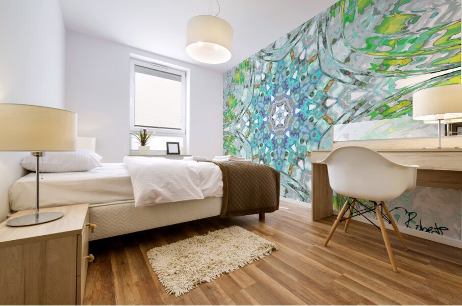 Abstract Colours Collide in Greens and Whites Mural print