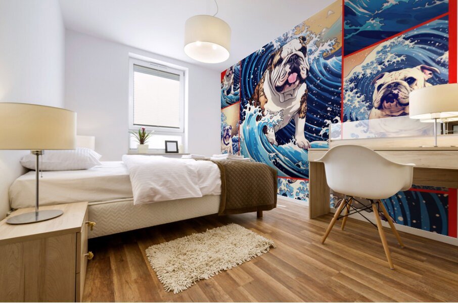 Adventure Magazine Cover with Surfing English Bulldog Poster-Red Mural print