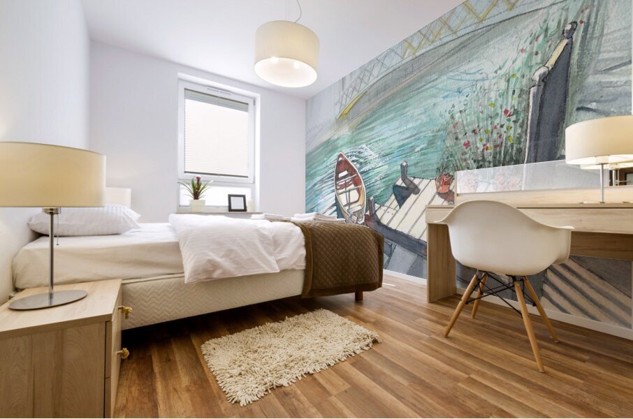 A small boat moored to a pontoon Mural print