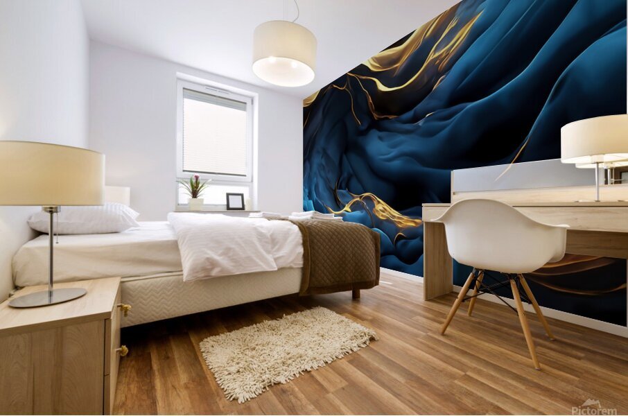 Blue Black & Gold Waves & Clouds Mural print