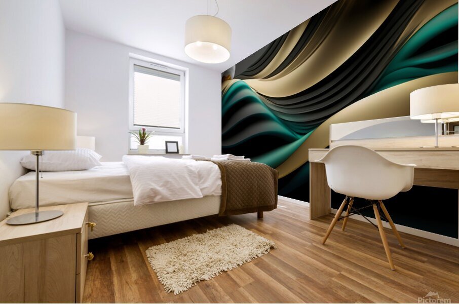 Green Black & Gold Waves & Clouds Mural print