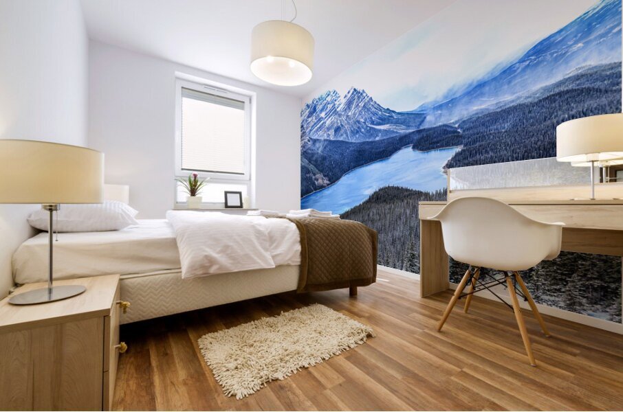 Peyto Lake Winter veil: A Canvas of Dark Evergreens and Snowy Serenity Mural print