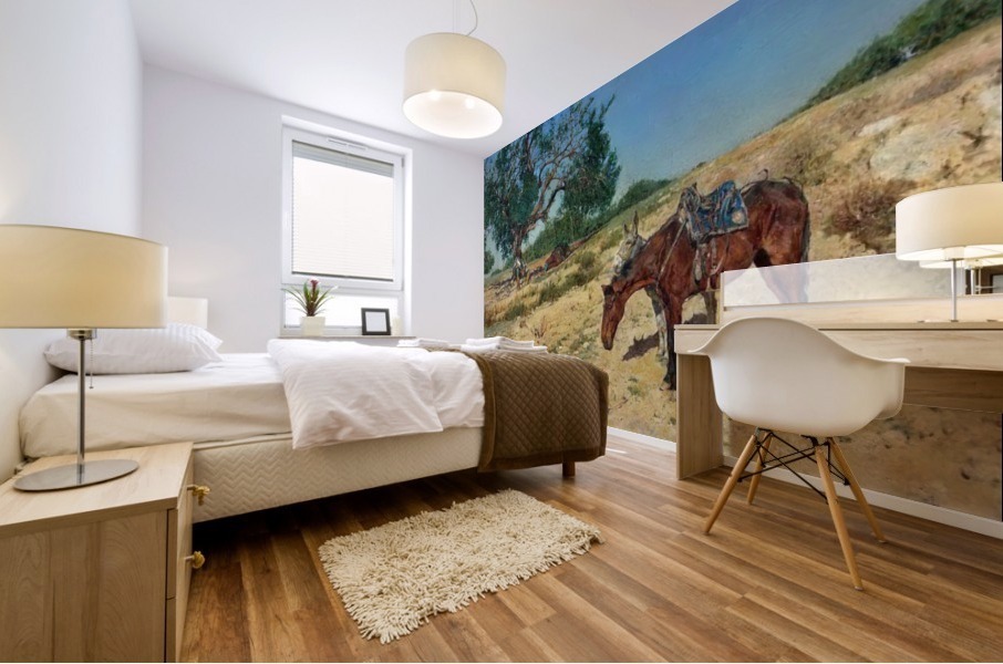 People and horses resting Mural print