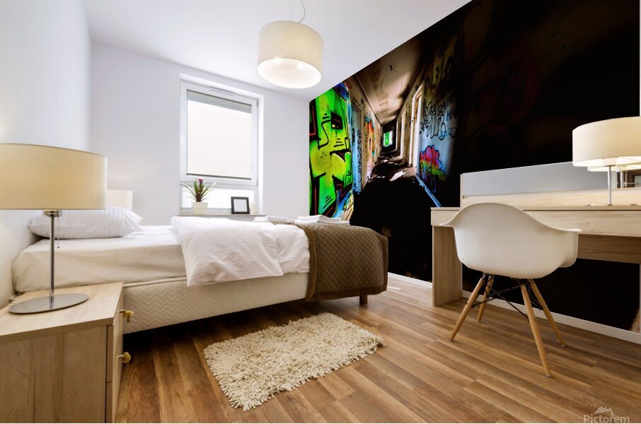 Glowing Grafiti On Decaying Hallway Of Abandoned Luxury Hotel Mural print