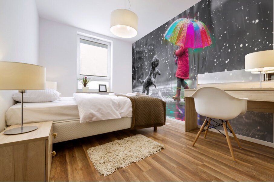 Girl With Umbrella In Rain Mural print