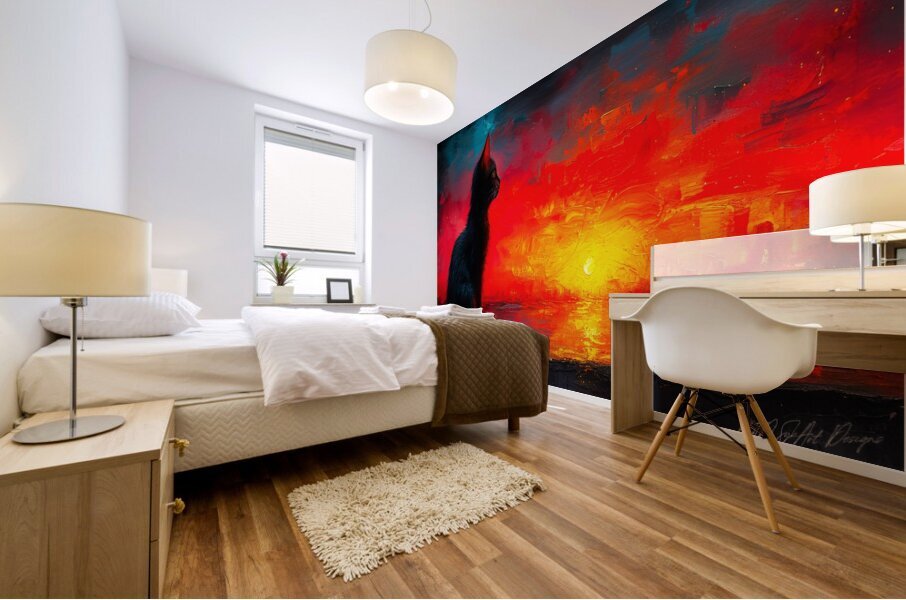 Cat Looking At Sunset Mural print