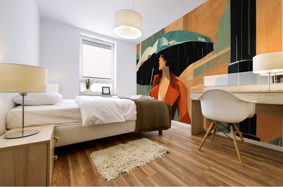 woman with umbrella in rain Mural print