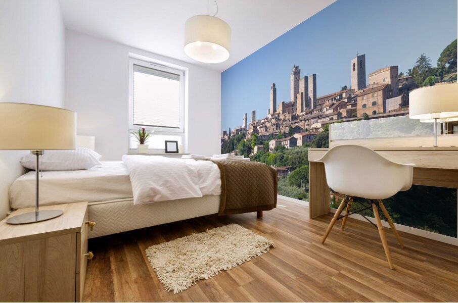 San Gimignano village Italy: green countryside blue sky hill  Mural print