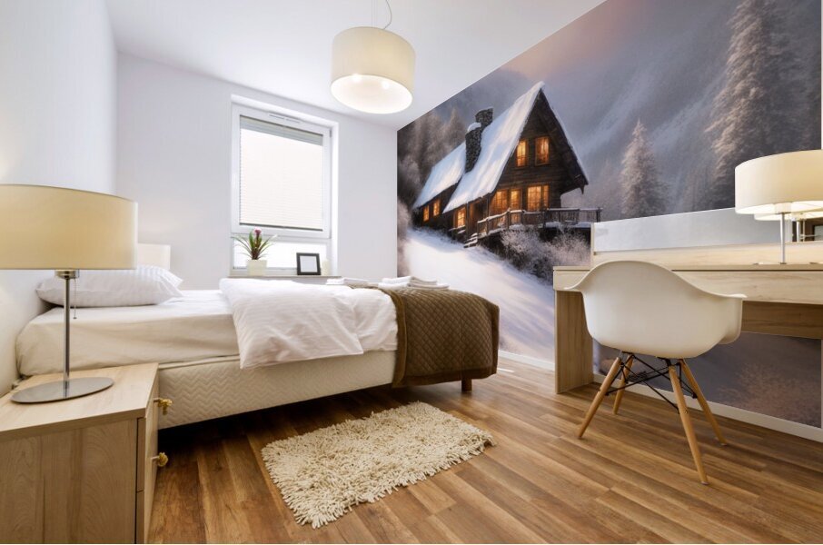 snowy cabin in mountains Mural print