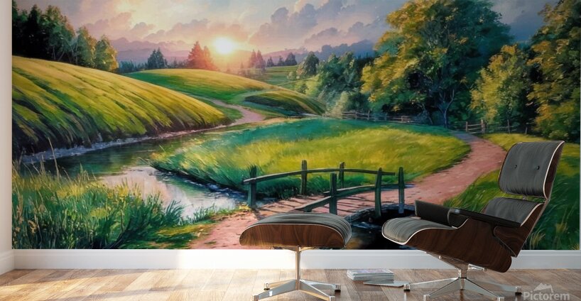 Rural wooden bridge landscape Wall Murals