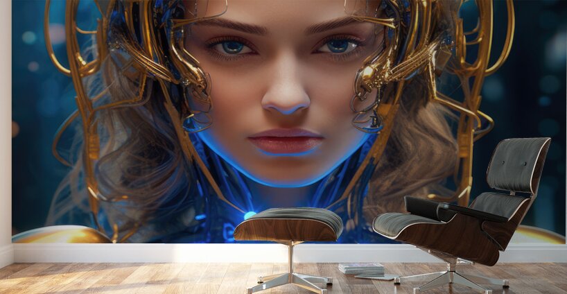 The Future of AI 50 Cyborg Gold and Blue Wall Murals