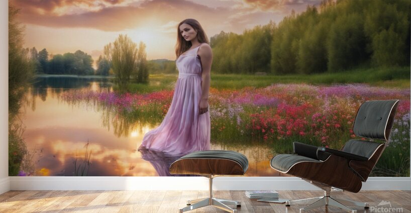 Girl in the stream at sunset Wall Murals
