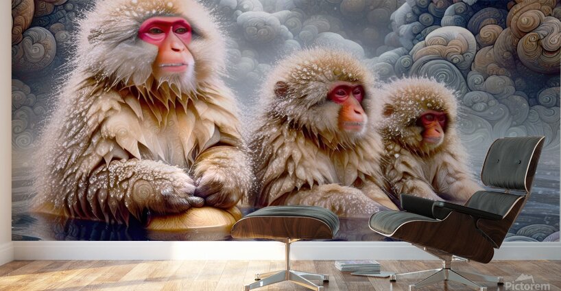 Macaques in hot spring Wall Murals