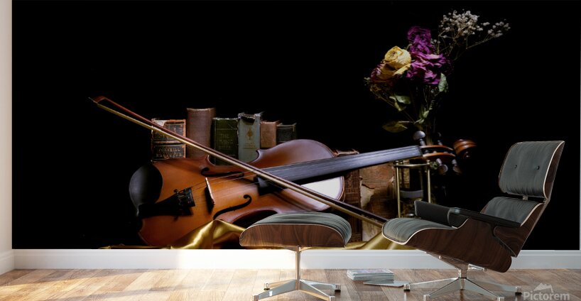 Violin and Books in Gold Wall Murals