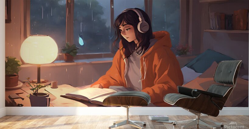 0   An anime girl in a cozy bedroom listening to Wall Murals